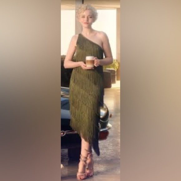 New with Tags Norma Kamali One Shoulder Fringe Dress - Picture 3 of 9